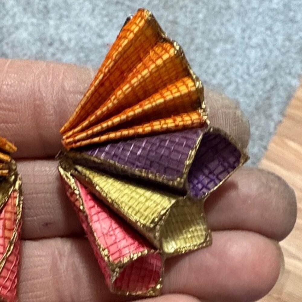 VINTAGE HANDMADE ETHNIC MULTICOLORED RAFFA FABRIC HOLLOW FAN POST 1.2" EARRINGS - Picture 2 of 8